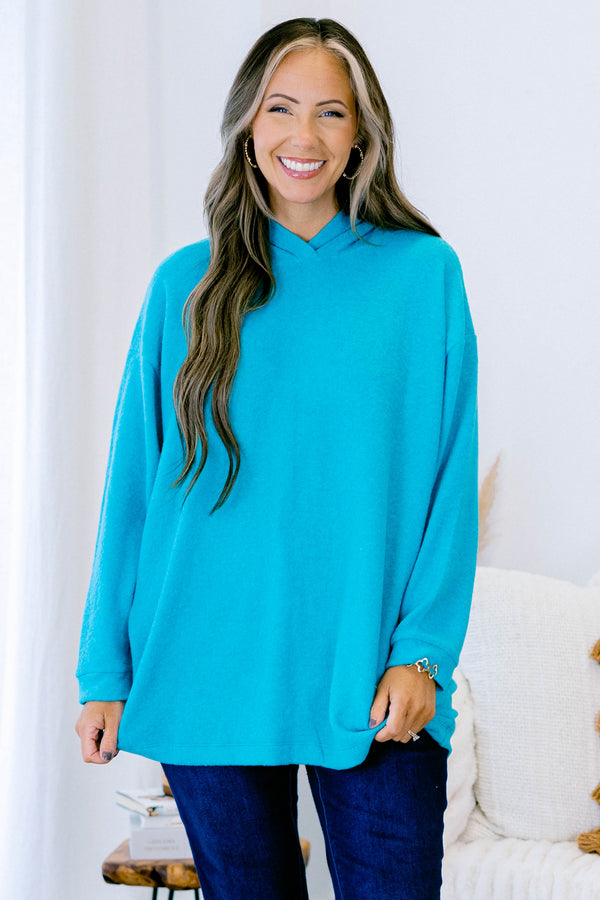 Chic Soul plus size clothing, light teal long sleeve hoodie pullover top