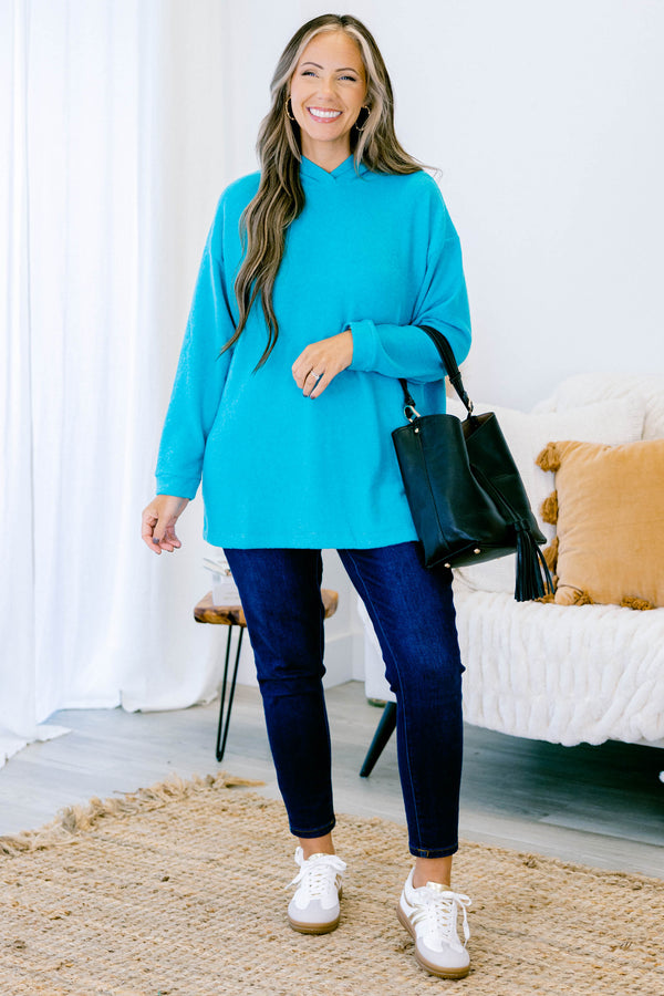 Chic Soul plus size clothing, light teal long sleeve hoodie pullover top