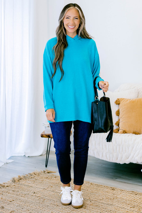 Chic Soul plus size clothing, light teal long sleeve hoodie pullover top