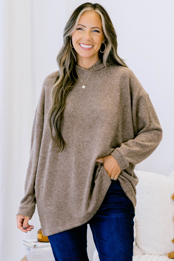 Chic Soul plus size clothing, long sleeve mocha casual sweater with a hoodie