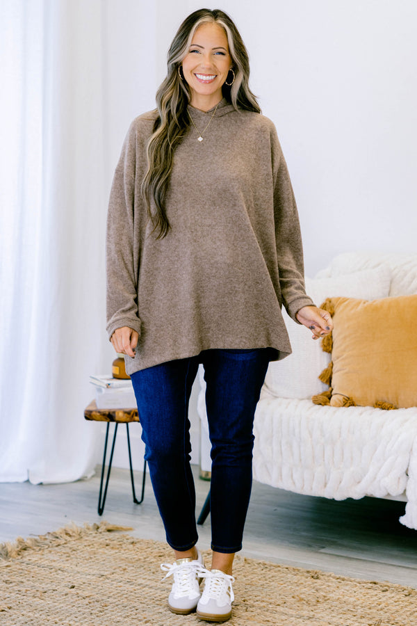Chic Soul plus size clothing, long sleeve mocha casual sweater with a hoodie