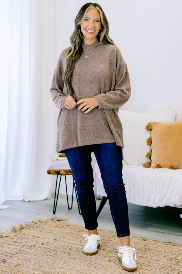 Chic Soul plus size clothing, long sleeve mocha casual sweater with a hoodie