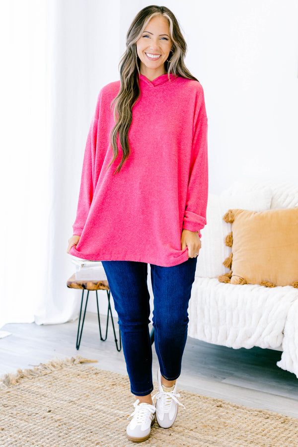 Chic Soul plus size clothing, hot pink long sleeve hoodie pullover top