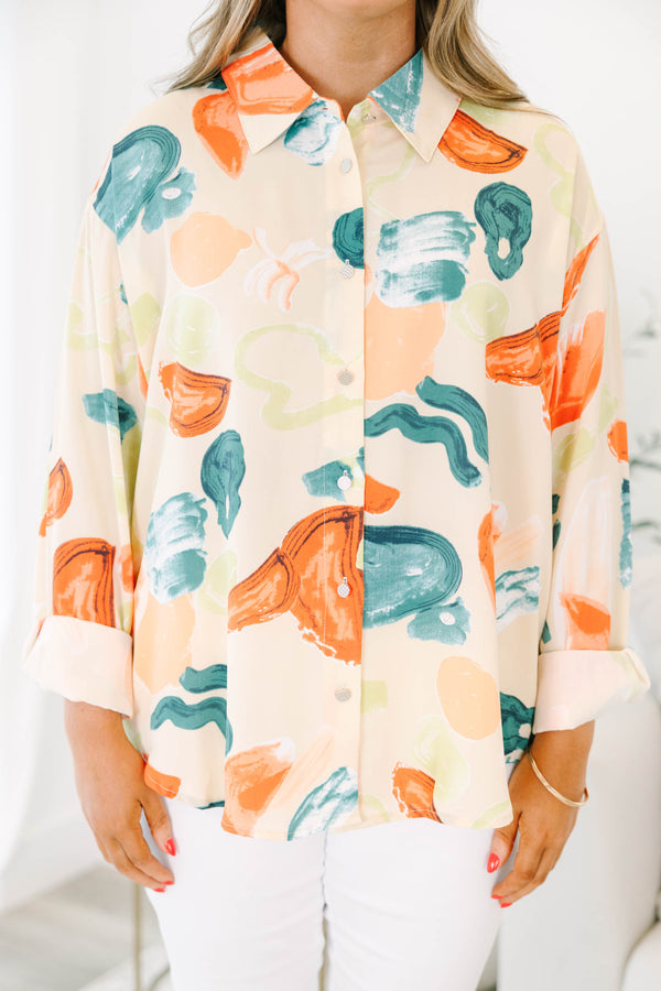 Chic Soul plus size clothing, button-up long sleeve top with a green, blue, and orange watercolor abstract pattern