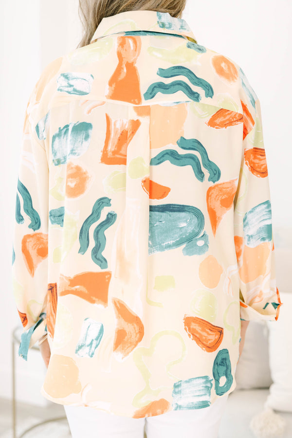 Chic Soul plus size clothing, button-up long sleeve top with a green, blue, and orange watercolor abstract pattern