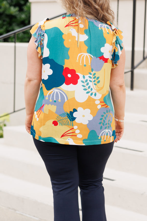 Chic Soul plus size clothing, multicolor abstract pattern top with ruffle sleeves