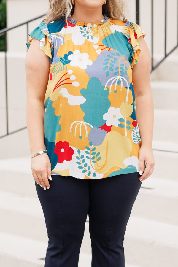 Chic Soul plus size clothing, multicolor abstract pattern top with ruffle sleeves
