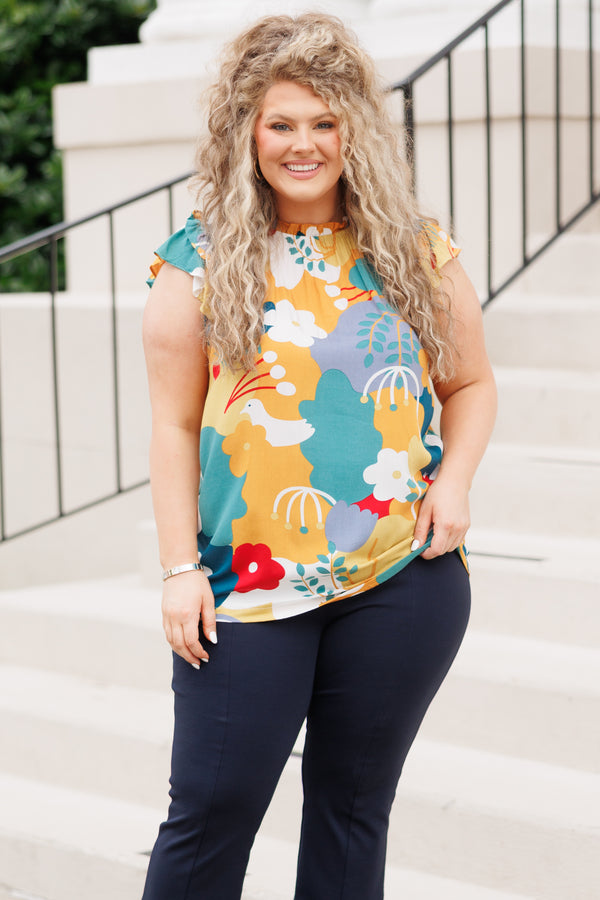 Chic Soul plus size clothing, multicolor abstract pattern top with ruffle sleeves