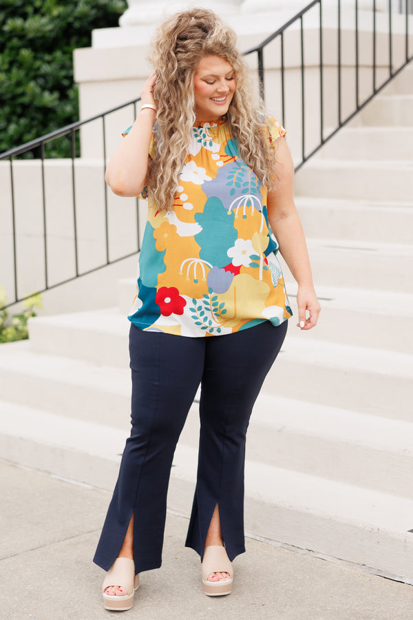 Chic Soul plus size clothing, multicolor abstract pattern top with ruffle sleeves