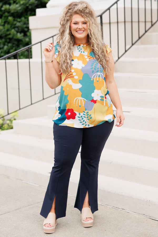 Chic Soul plus size clothing, multicolor abstract pattern top with ruffle sleeves