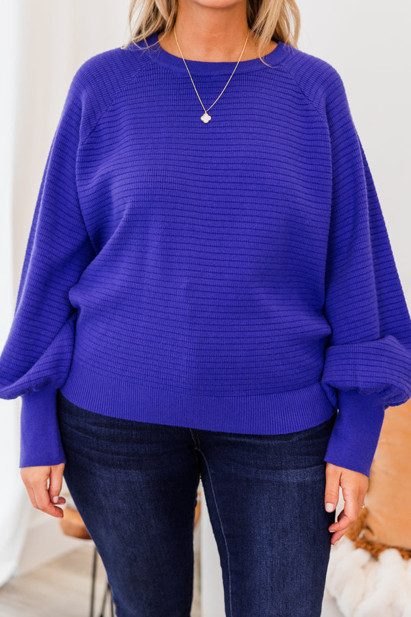 Chic Soul plus size clothing, cobalt blue long sleeve ribbed knit sweater with round neckline and cuff balloon sleeves with ribbed band along the bottom