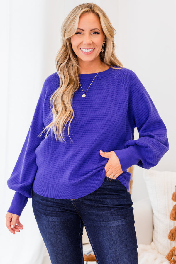 Chic Soul plus size clothing, cobalt blue long sleeve ribbed knit sweater with round neckline and cuff balloon sleeves with ribbed band along the bottom