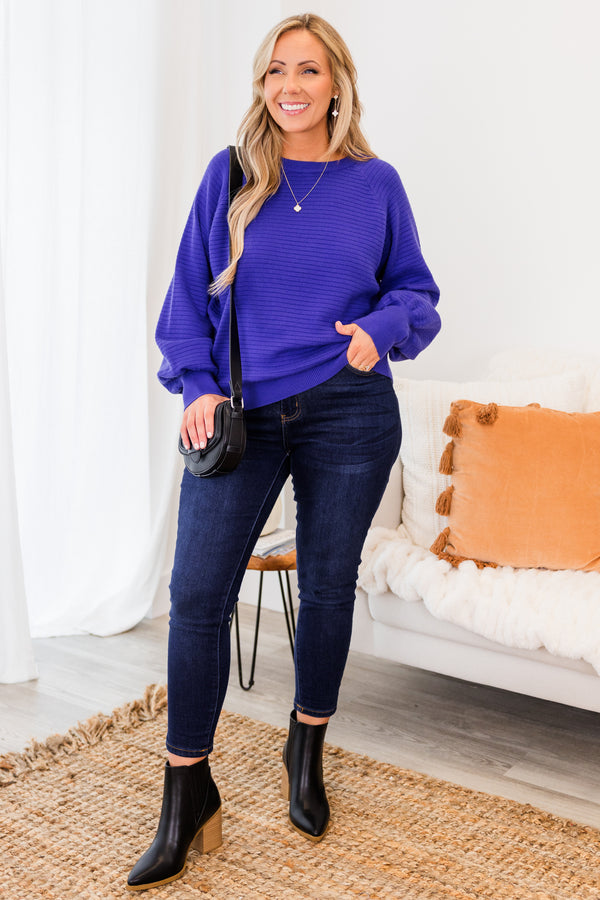 Chic Soul plus size clothing, cobalt blue long sleeve ribbed knit sweater with round neckline and cuff balloon sleeves with ribbed band along the bottom