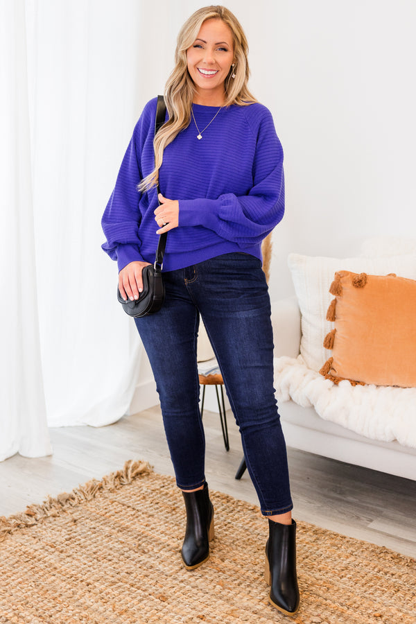 Chic Soul plus size clothing, cobalt blue long sleeve ribbed knit sweater with round neckline and cuff balloon sleeves with ribbed band along the bottom