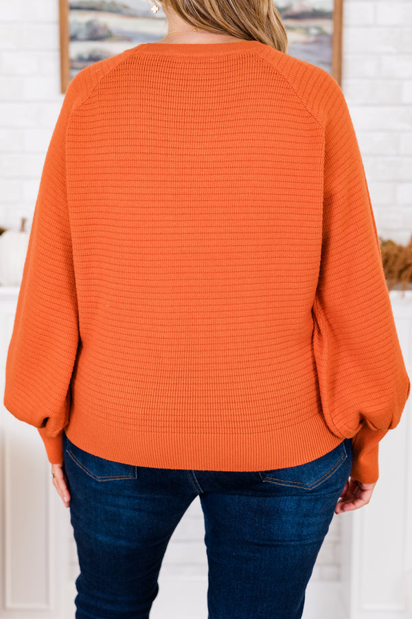 Chic Soul plus size clothing, long-sleeve rust orange knit sweater with balloon sleeves and high-scoop-neckline