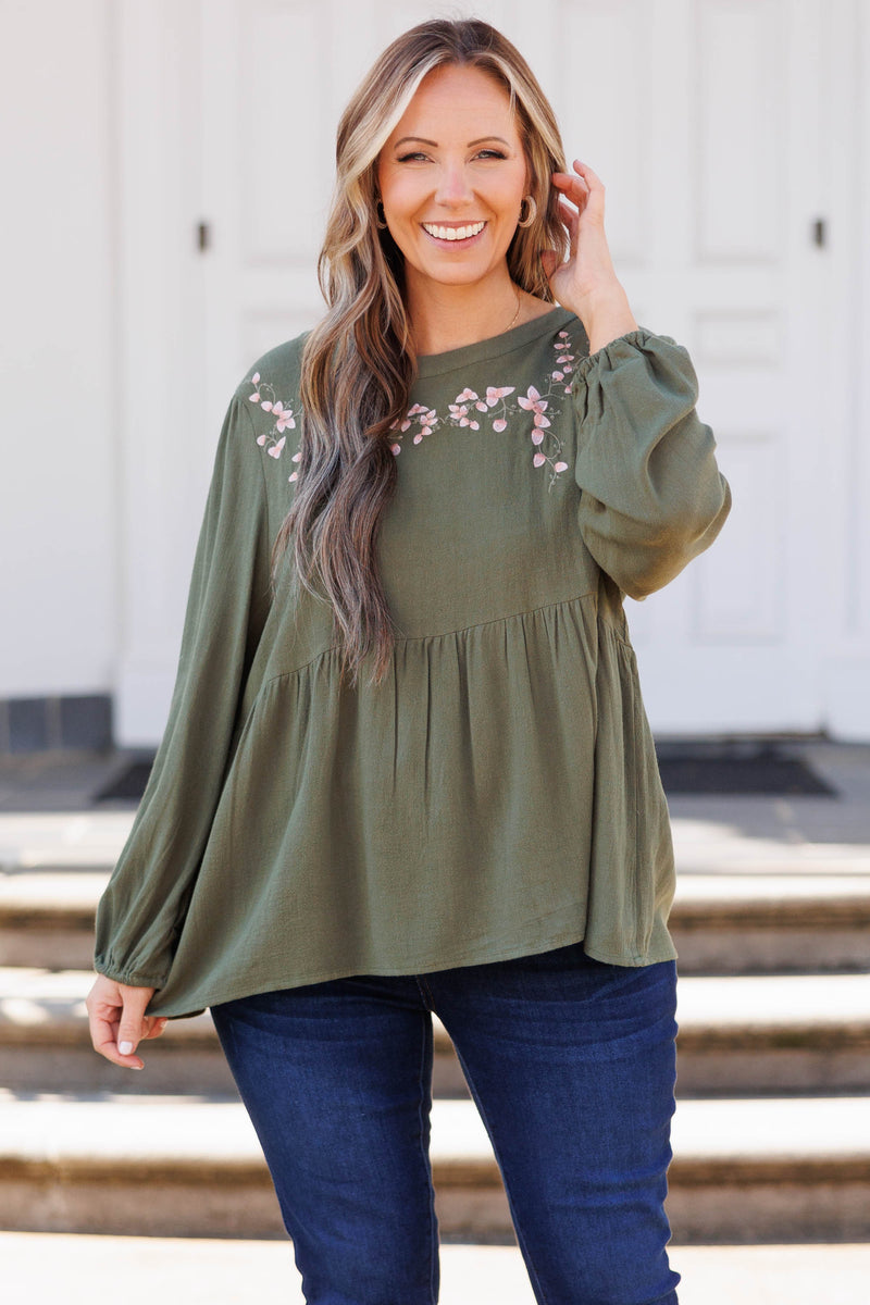 EMBROIDERED LONG SLEEVE BABYDOLL TOP