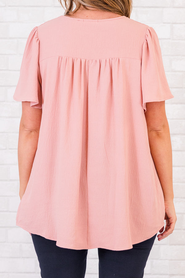 Chic Soul plus size clothing, short-sleeve dusty rose pink top with square-neckline 