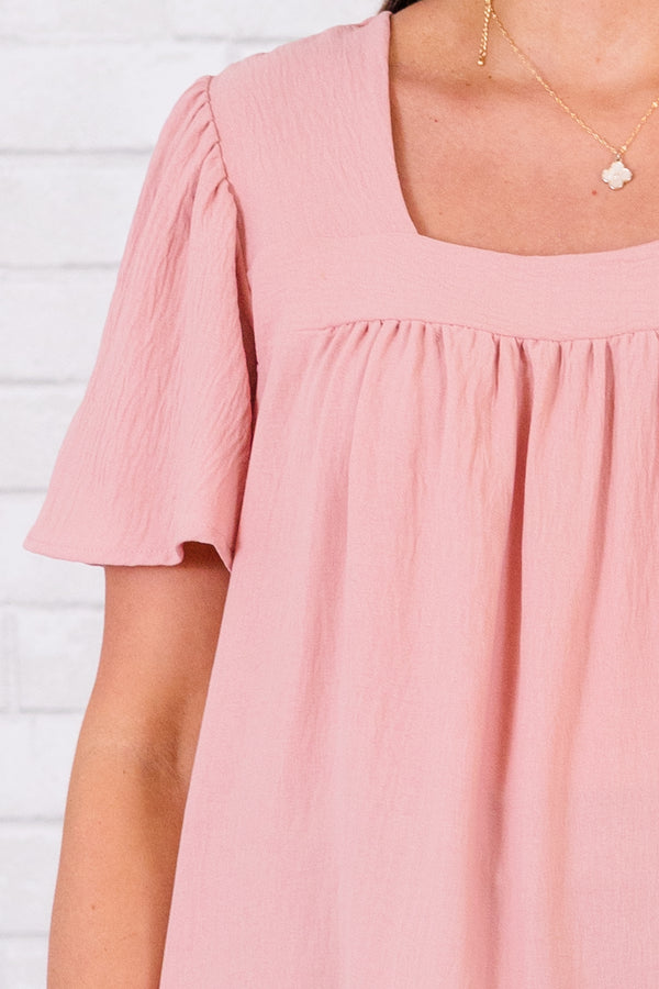 Chic Soul plus size clothing, short-sleeve dusty rose pink top with square-neckline 