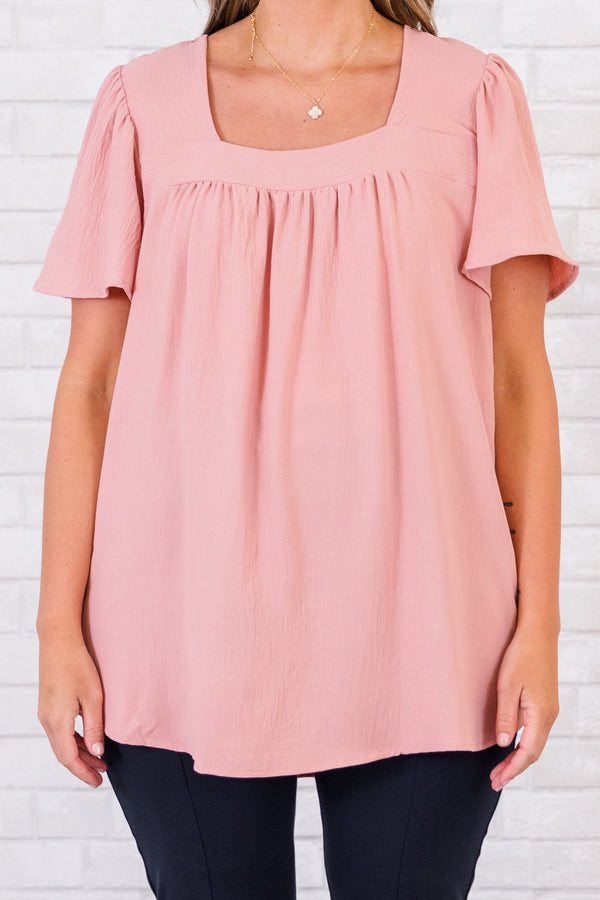 Chic Soul plus size clothing, short-sleeve dusty rose pink top with square-neckline 