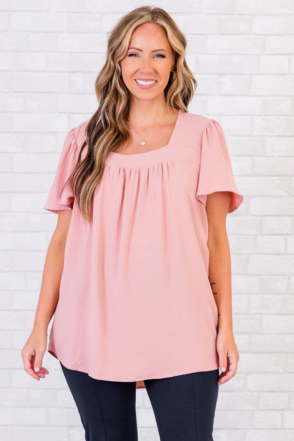 Chic Soul plus size clothing, short-sleeve dusty rose pink top with square-neckline 
