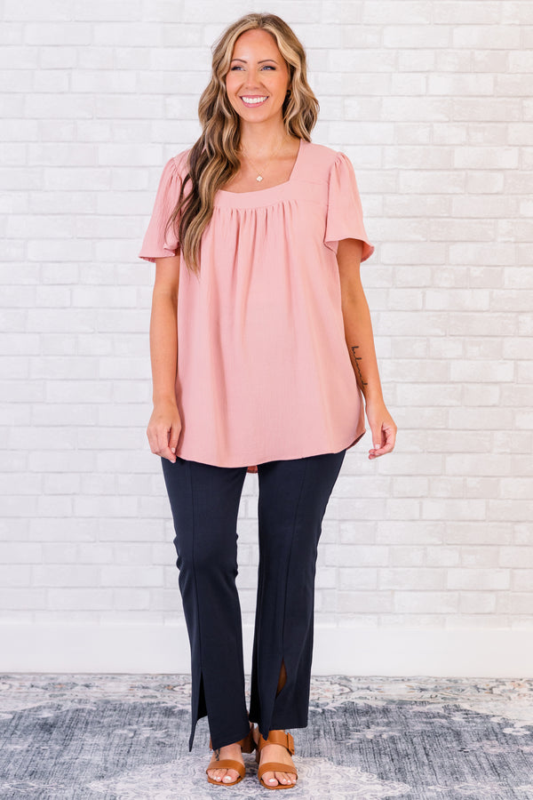 Chic Soul plus size clothing, short-sleeve dusty rose pink top with square-neckline 