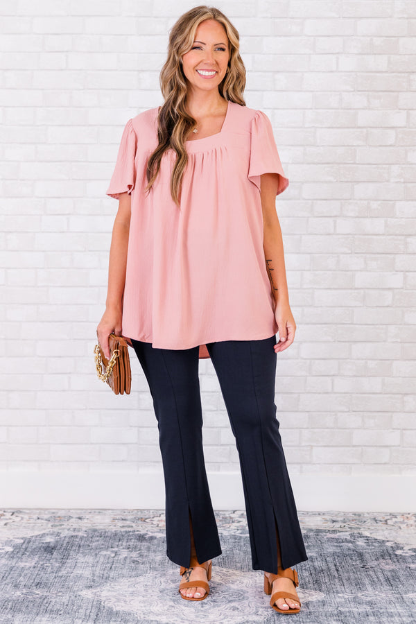 Chic Soul plus size clothing, short-sleeve dusty rose pink top with square-neckline 