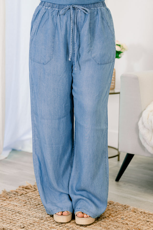 Chic Soul plus size clothing, chambray blue long flowy pants with drawstring waist tie and deep side pockets