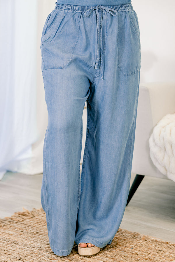 Chic Soul plus size clothing, chambray blue long flowy pants with drawstring waist tie and deep side pockets