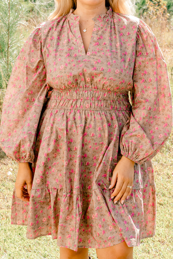 Chic Soul plus size clothing, brown long puff sleeve v neck dress with collar that cinches at the waist with small pink flowers