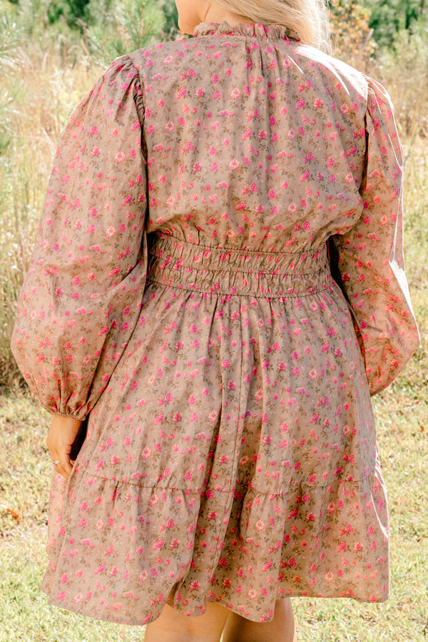 Chic Soul plus size clothing, brown long puff sleeve v neck dress with collar that cinches at the waist with small pink flowers