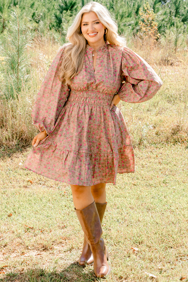 Chic Soul plus size clothing, brown long puff sleeve v neck dress with collar that cinches at the waist with small pink flowers