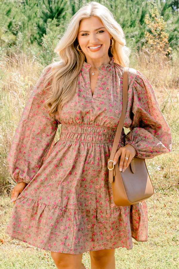 Chic Soul plus size clothing, brown long puff sleeve v neck dress with collar that cinches at the waist with small pink flowers