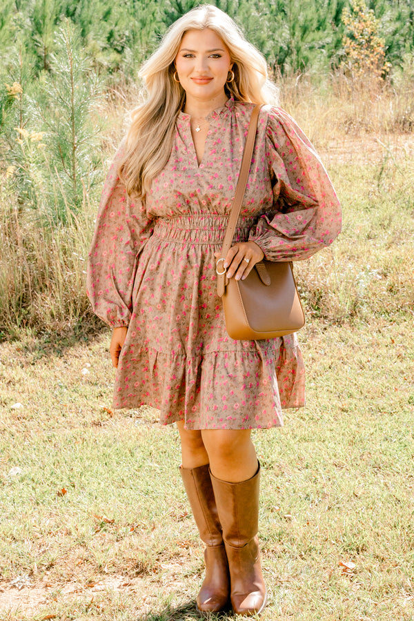 Chic Soul plus size clothing, brown long puff sleeve v neck dress with collar that cinches at the waist with small pink flowers
