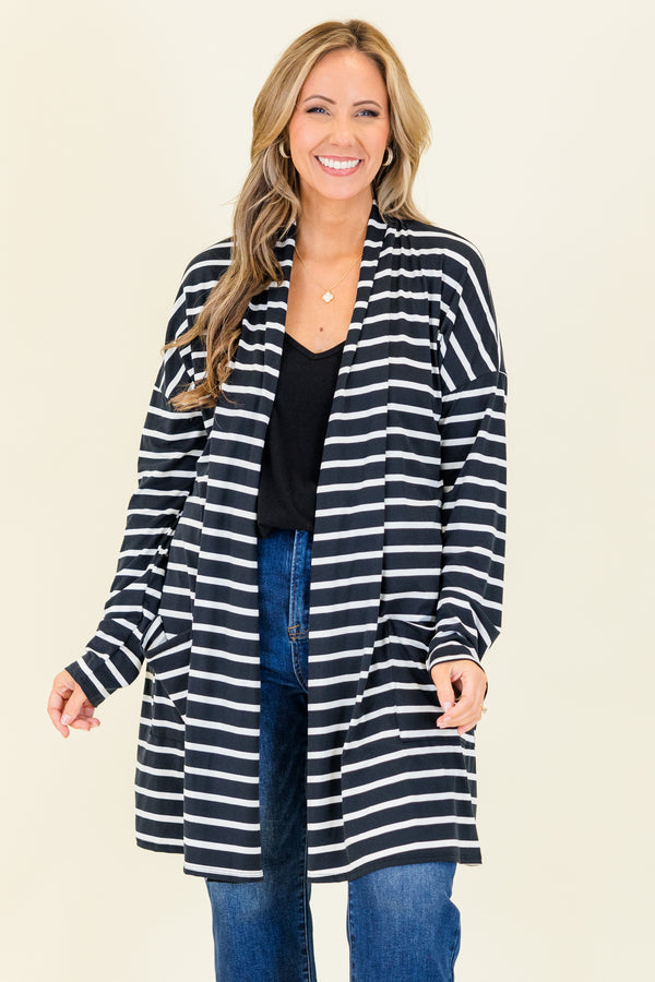 Chic Soul plus size clothing, long-sleeve knee-length black and white striped cardigan