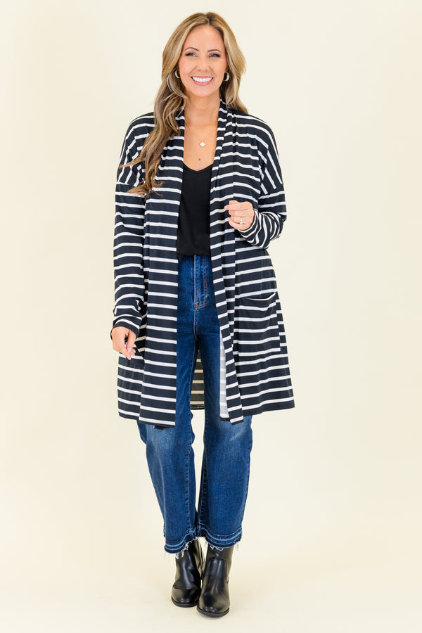 Chic Soul plus size clothing, long-sleeve knee-length black and white striped cardigan