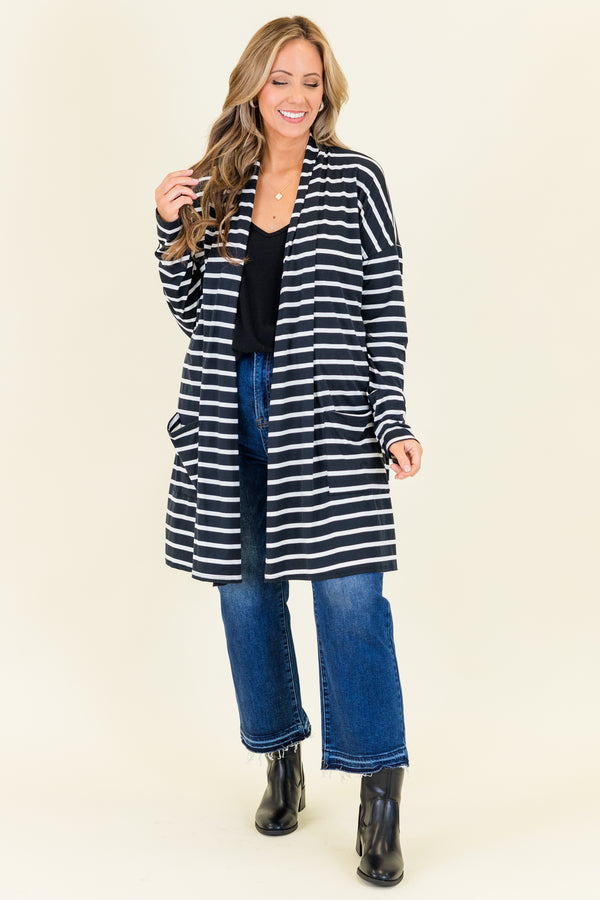 Chic Soul plus size clothing, long-sleeve knee-length black and white striped cardigan