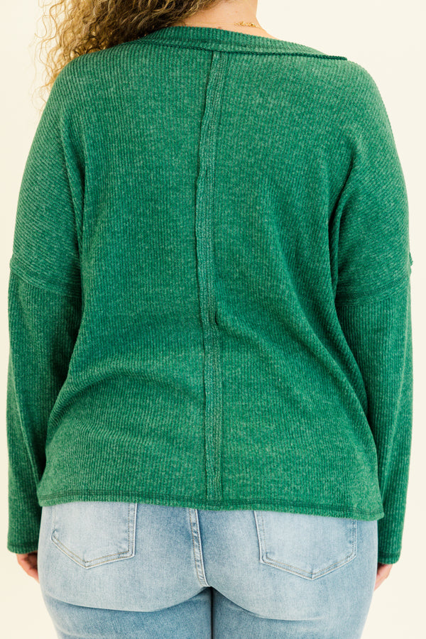 Chic Soul plus size clothing, dark green long sleeve ribbed top with v neckline 