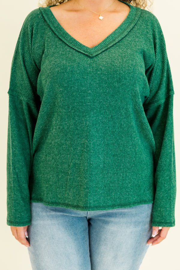 Chic Soul plus size clothing, dark green long sleeve ribbed top with v neckline 