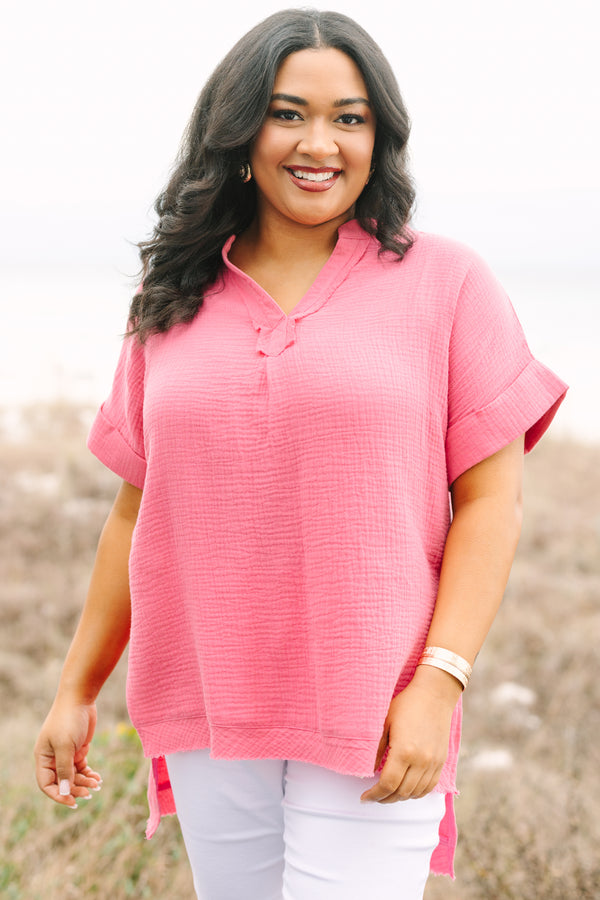Chic Soul plus size clothing, rose short sleeve linen top with cuffs at the end of the sleeves and a v-neckline 