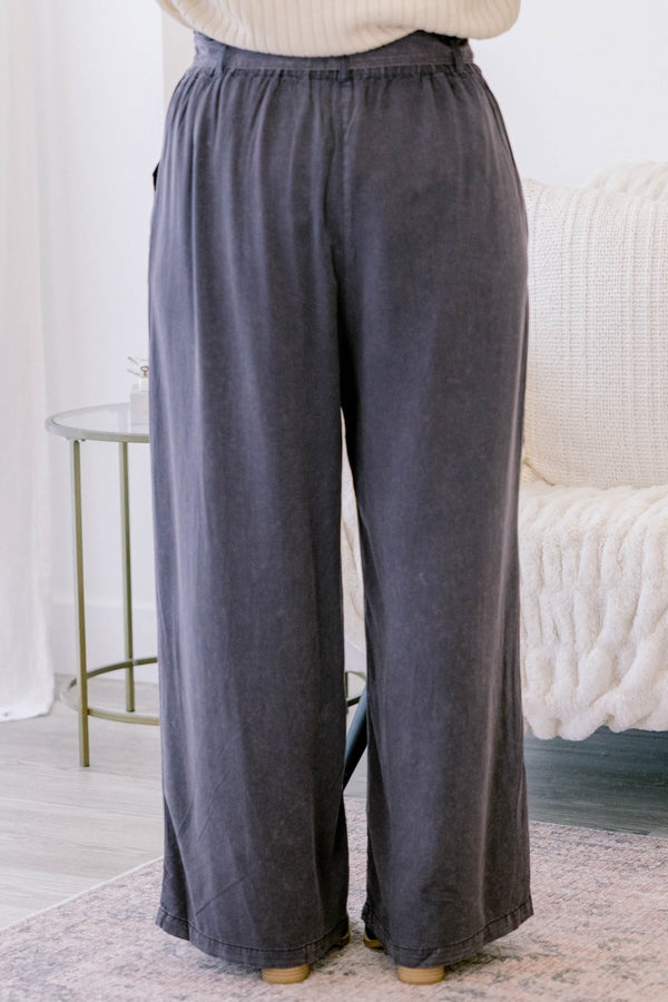 Chic Soul plus size clothing, charcoal gray linen straight leg pants with 2 large front pockets and a tie waist 