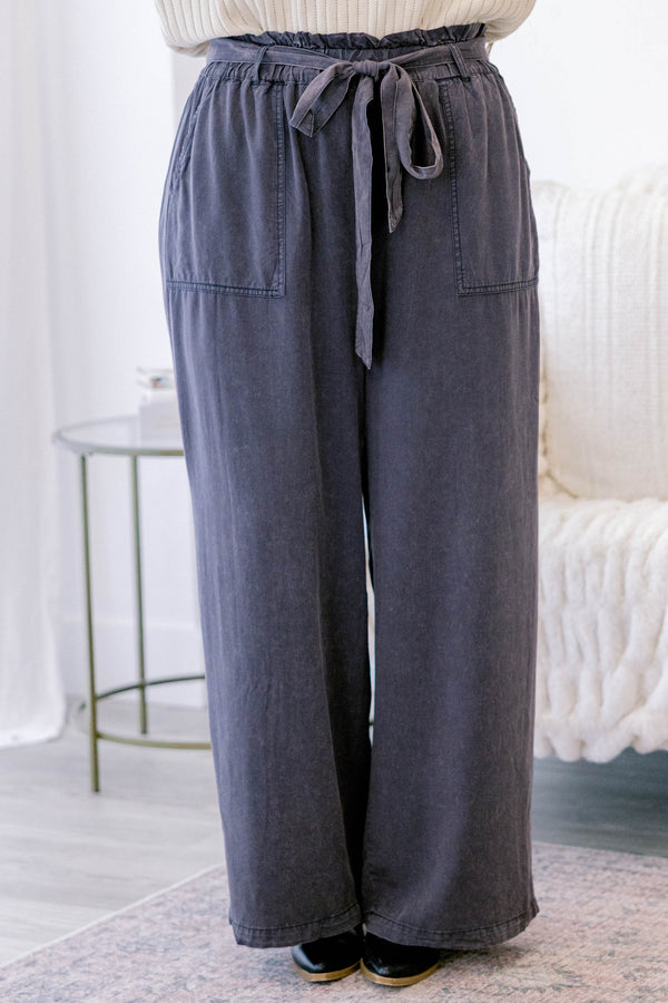 Chic Soul plus size clothing, charcoal gray linen straight leg pants with 2 large front pockets and a tie waist 