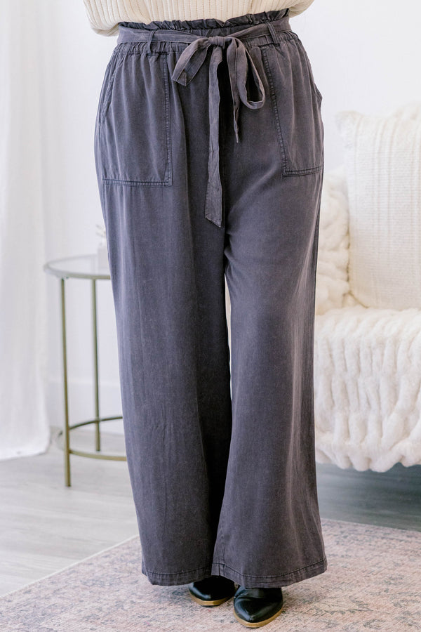 Chic Soul plus size clothing, charcoal gray linen straight leg pants with 2 large front pockets and a tie waist 