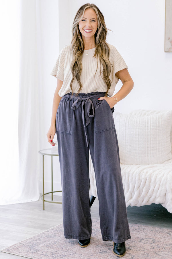 Chic Soul plus size clothing, charcoal gray linen straight leg pants with 2 large front pockets and a tie waist 