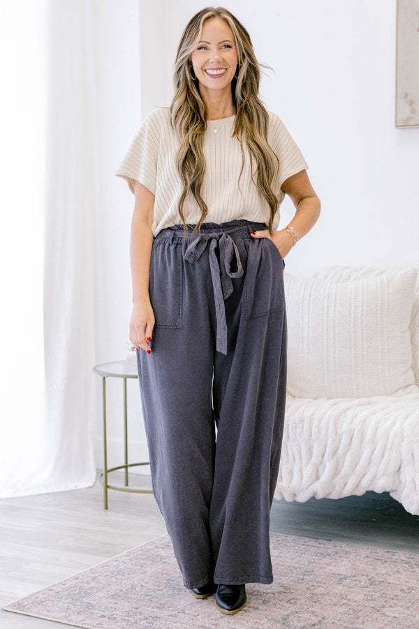 Chic Soul plus size clothing, charcoal gray linen straight leg pants with 2 large front pockets and a tie waist 