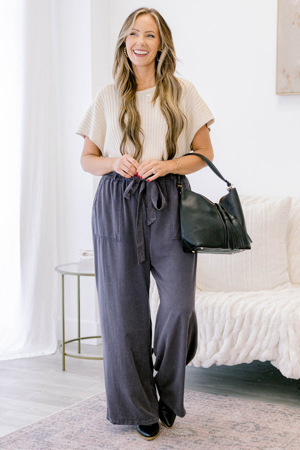 Chic Soul plus size clothing, charcoal gray linen straight leg pants with 2 large front pockets and a tie waist 