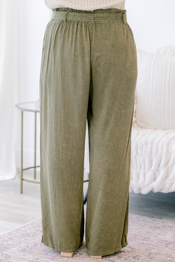 Chic Soul plus size clothing, olive green full length linen pants with elastic waist band a tie belt 