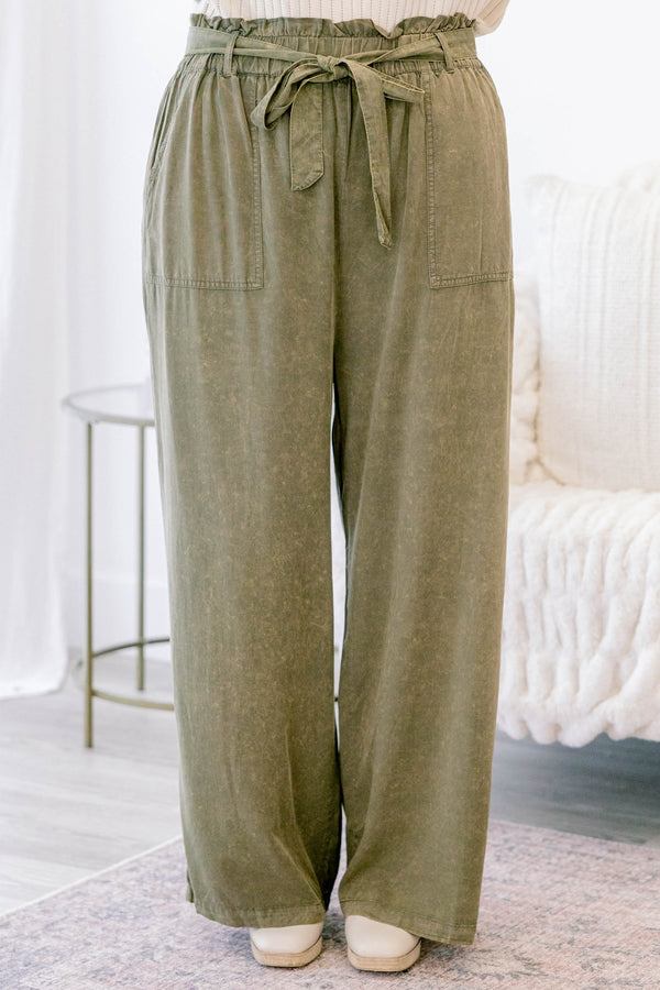 Chic Soul plus size clothing, olive green full length linen pants with elastic waist band a tie belt 