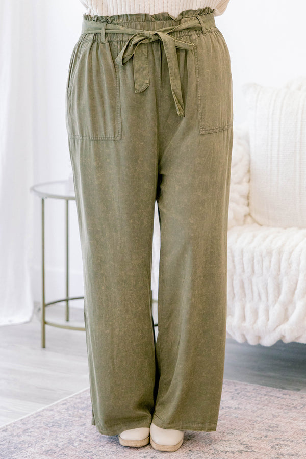 Chic Soul plus size clothing, olive green full length linen pants with elastic waist band a tie belt 
