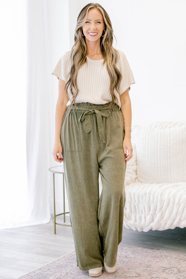Chic Soul plus size clothing, olive green full length linen pants with elastic waist band a tie belt 