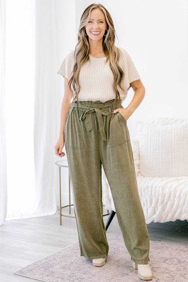 Chic Soul plus size clothing, olive green full length linen pants with elastic waist band a tie belt 